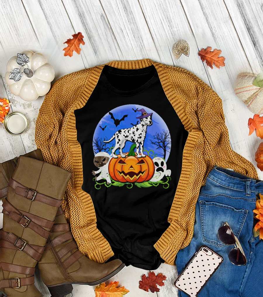 Dalmatian Pumpkin Halloween Mummy Ghost Moon Bats Trees T-Shirt