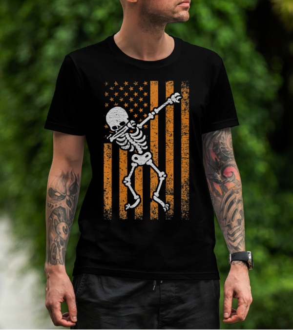 Halloween Dabbing Skeleton American Flag Retro Style Icons T-Shirt