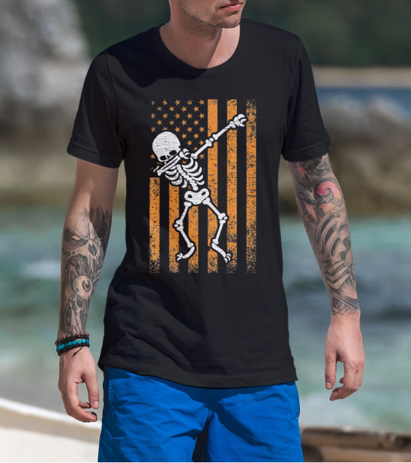 Halloween Dabbing Skeleton American Flag Retro Style Icons T-Shirt