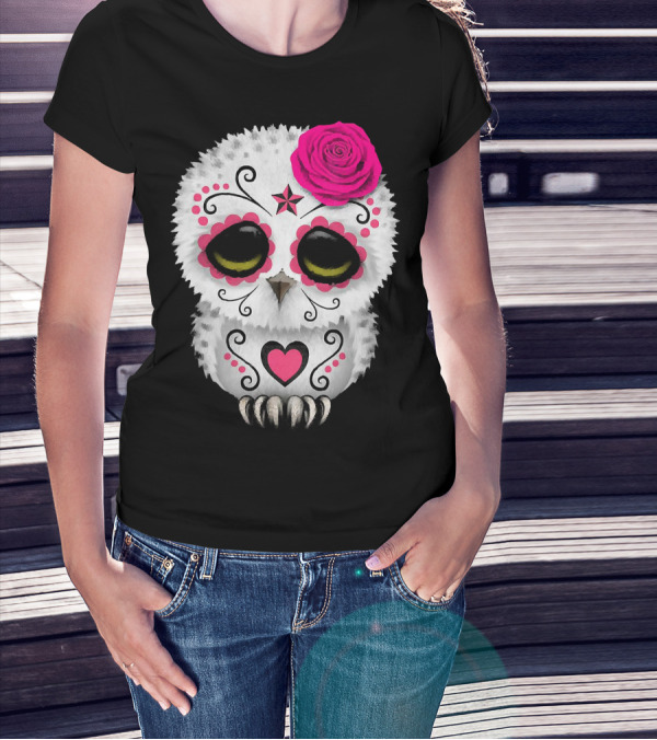 Owl Sugar Skull With Pink Rose And Heart Motif T-Shirt