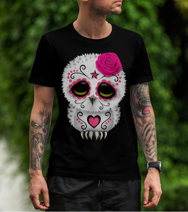 Owl Sugar Skull With Pink Rose And Heart Motif T-Shirt