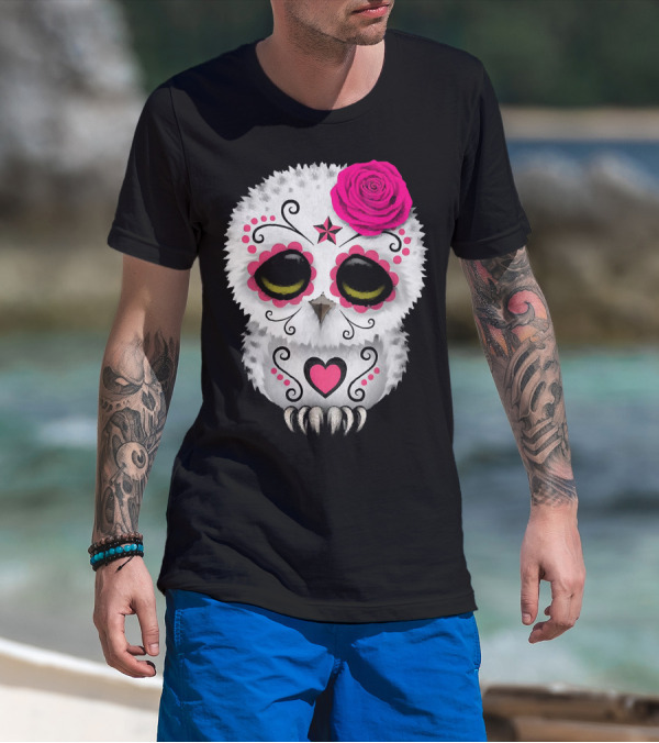 Owl Sugar Skull With Pink Rose And Heart Motif T-Shirt