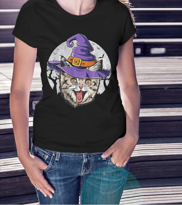 Funny Halloween Witch Cat With Purple Hat And Moon Background T-Shirt