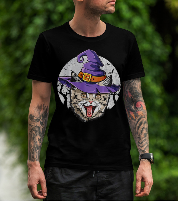 Funny Halloween Witch Cat With Purple Hat And Moon Background T-Shirt