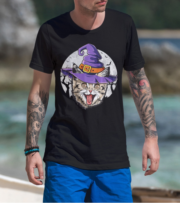 Funny Halloween Witch Cat With Purple Hat And Moon Background T-Shirt