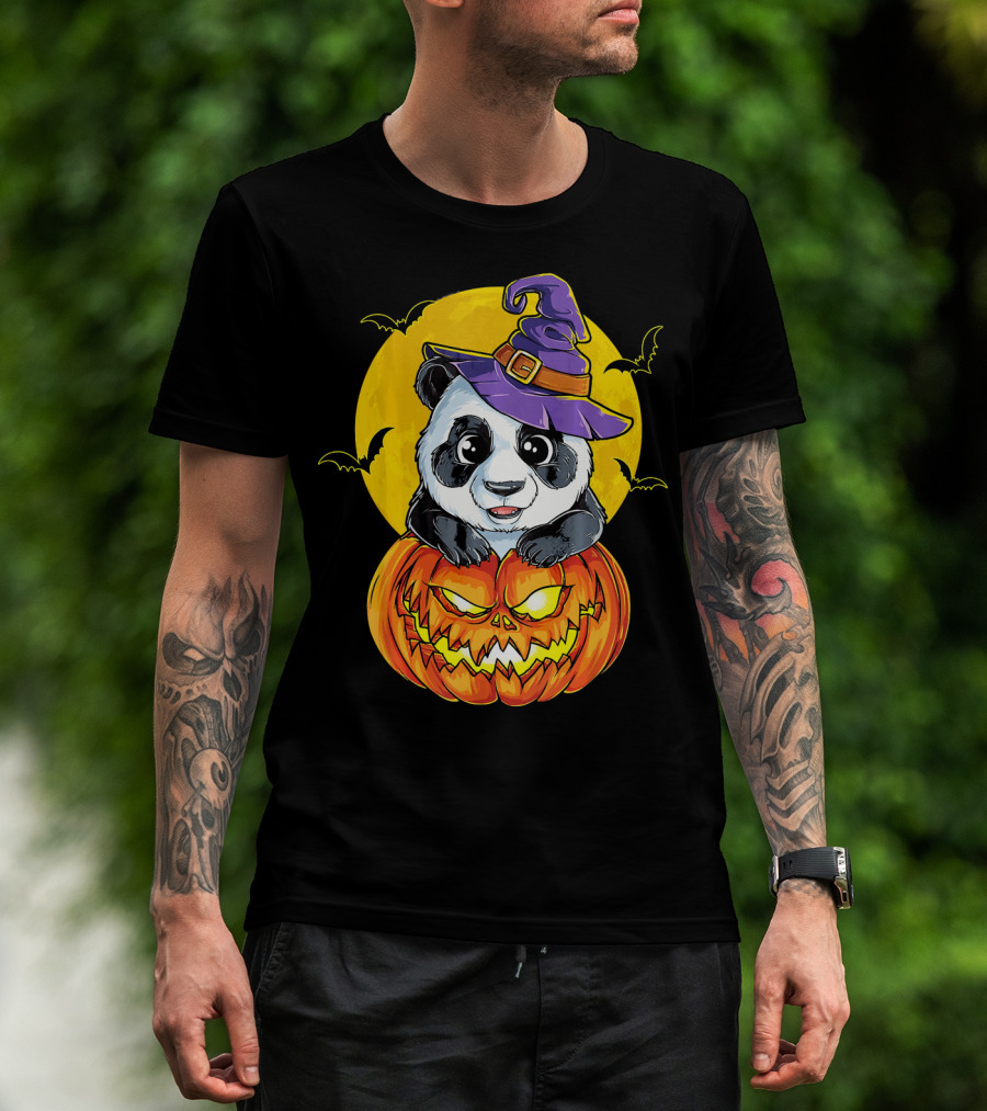 Panda Witch Halloween Pumpkin Moon Bats T-Shirt