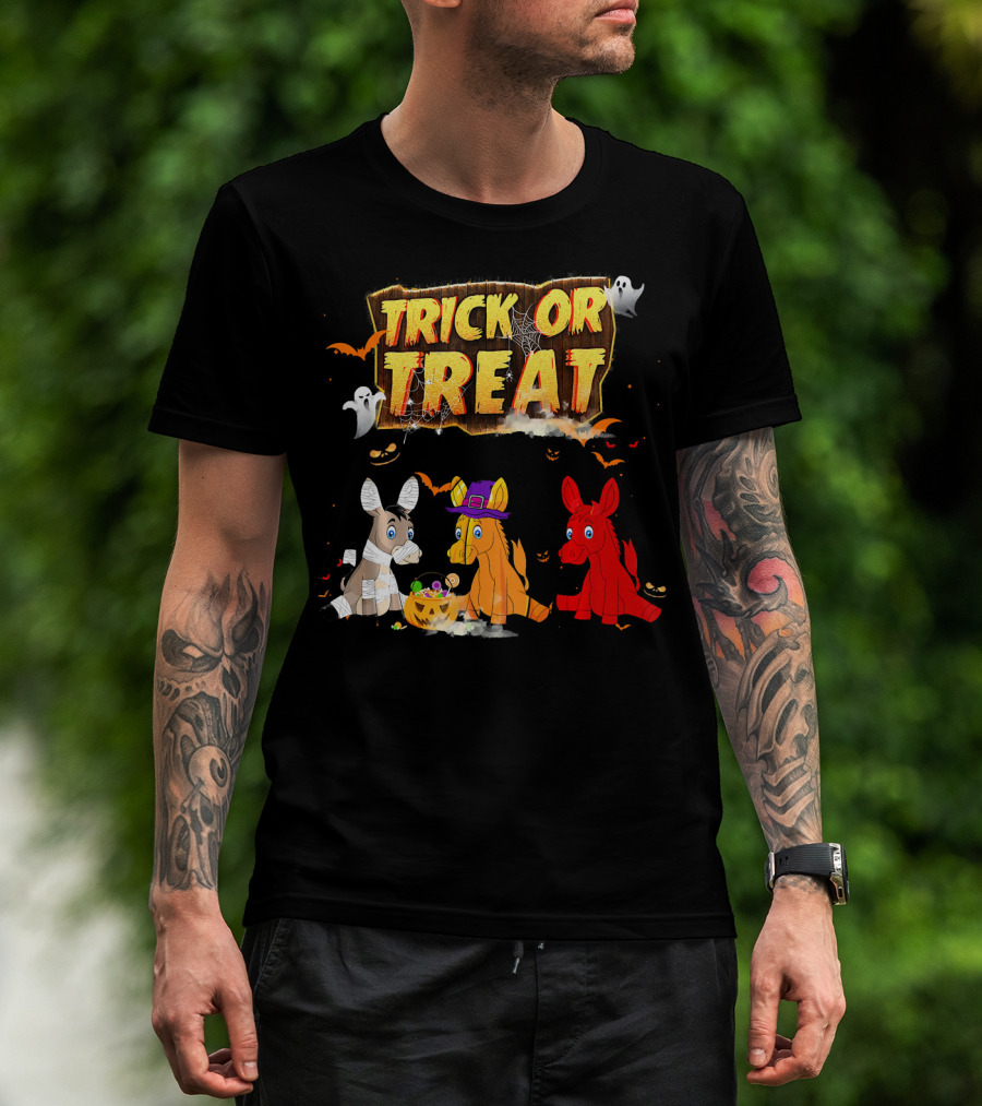 Trick Or Treat Three Donkeys Halloween Candy Pumpkins Ghosts T-Shirt
