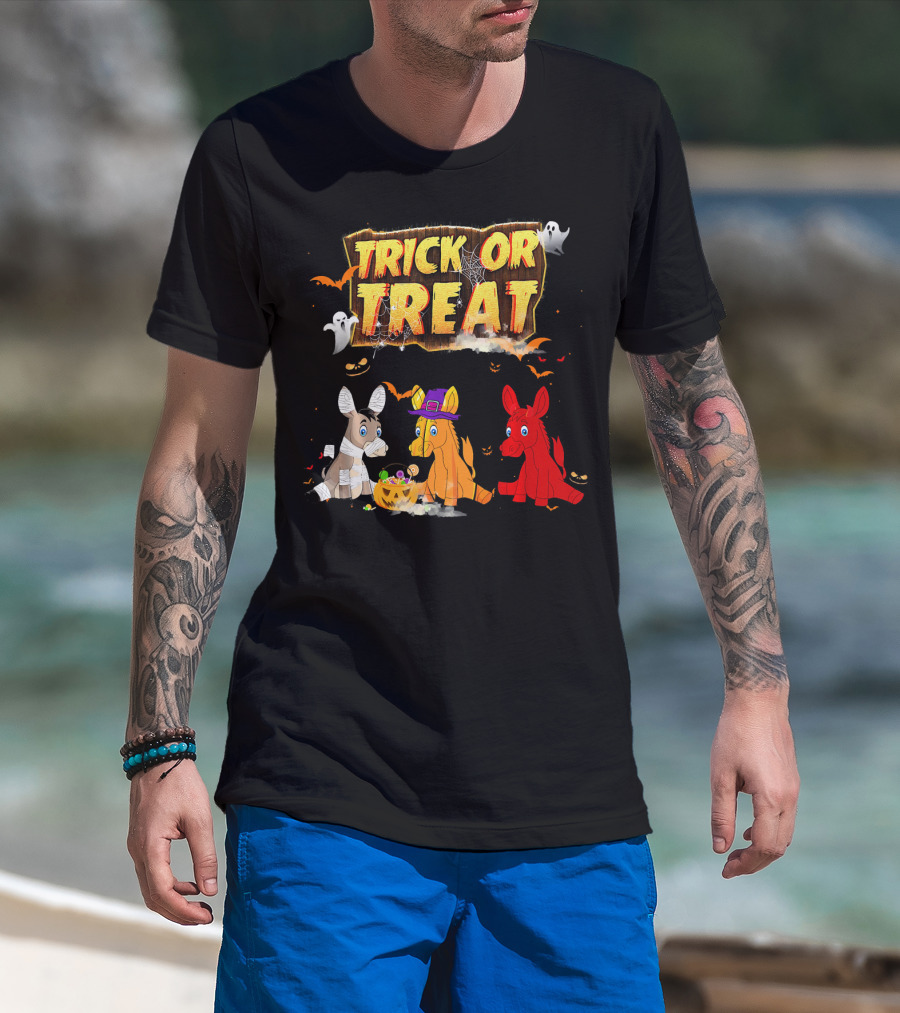 Trick Or Treat Three Donkeys Halloween Candy Pumpkins Ghosts T-Shirt