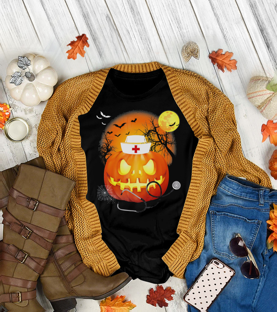 Nurse Halloween Pumpkin with Stethoscope and Bats T-Shirt