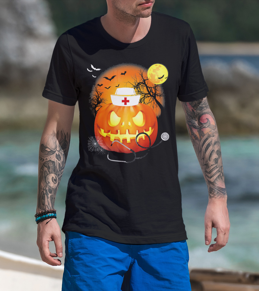 Nurse Halloween Pumpkin With Stethoscope And Bats T-Shirt