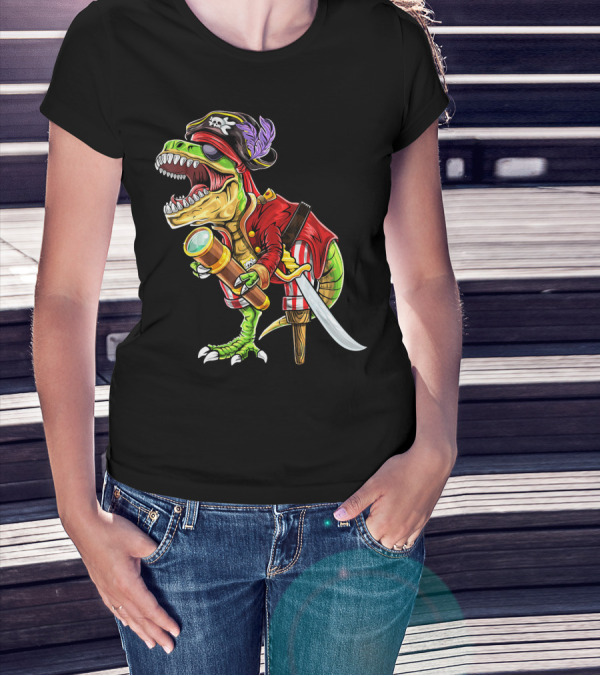 Pirate Dinosaur With Telescope And Peg Leg In Halloween Costume T-Shirt