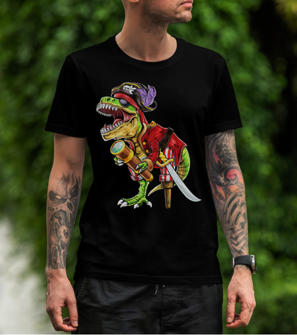 Pirate Dinosaur With Telescope And Peg Leg In Halloween Costume T-Shirt