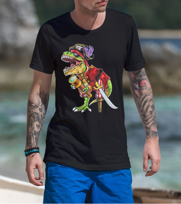 Pirate Dinosaur With Telescope And Peg Leg In Halloween Costume T-Shirt