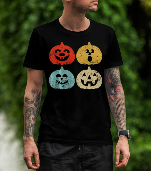 Vintage Halloween Pumpkin Women Retro Colorful Jack-O'-Lantern Faces T-Shirt
