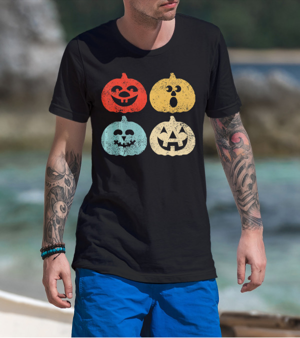 Vintage Halloween Pumpkin Women Retro Colorful Jack-O'-Lantern Faces T-Shirt