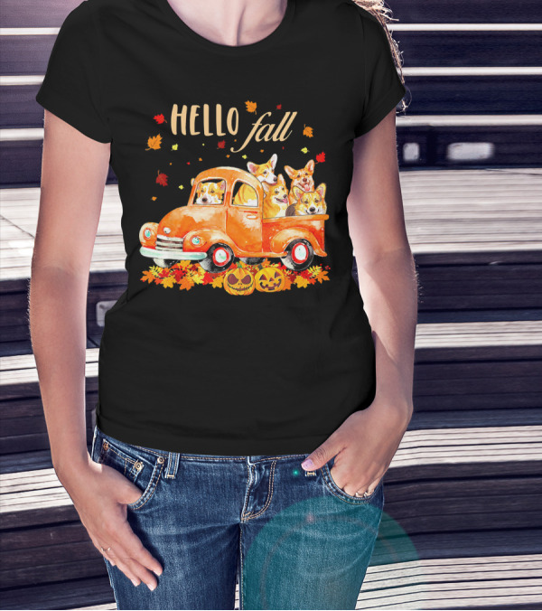 Hello Fall Corgis In Pumpkin Truck With Autumn Leaves And Jack-O'-Lanterns T-Shirt