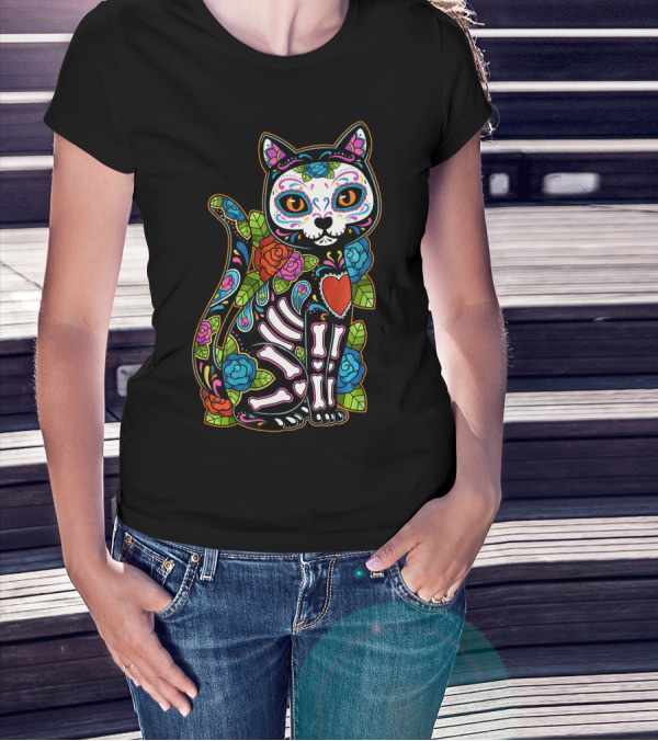 Cat Sugar Skull Calavera Mexico Dia De T-Shirt