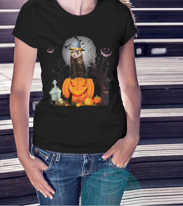 Funny Halloween Ferret With Pumpkin And Witch Hat T-Shirt