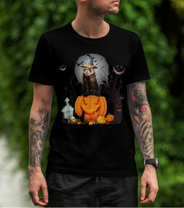Funny Halloween Ferret With Pumpkin And Witch Hat T-Shirt