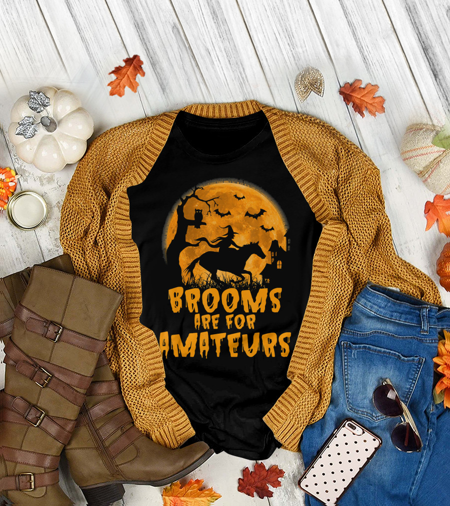 Brooms Are For Amateurs Witch Riding Horse Halloween Moon Bats T-Shirt