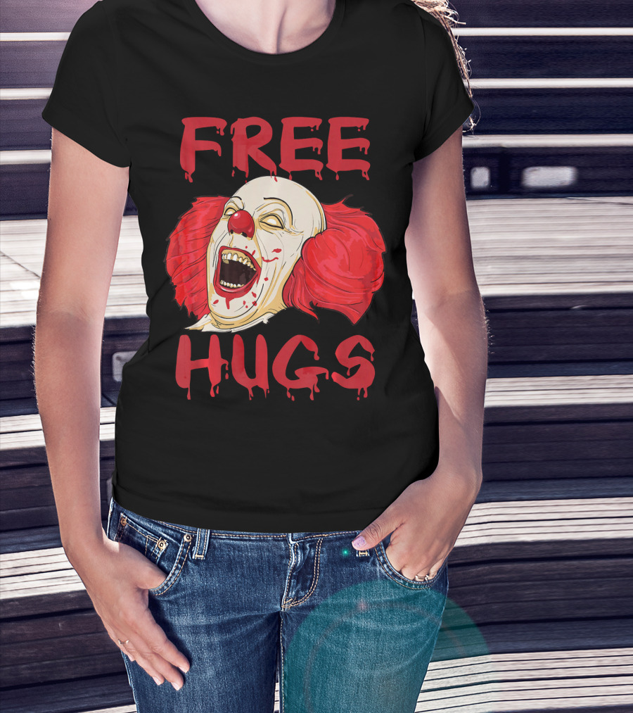 Free Hugs Evil Killer Scary Clown Costume Blood Red Horror T-Shirt