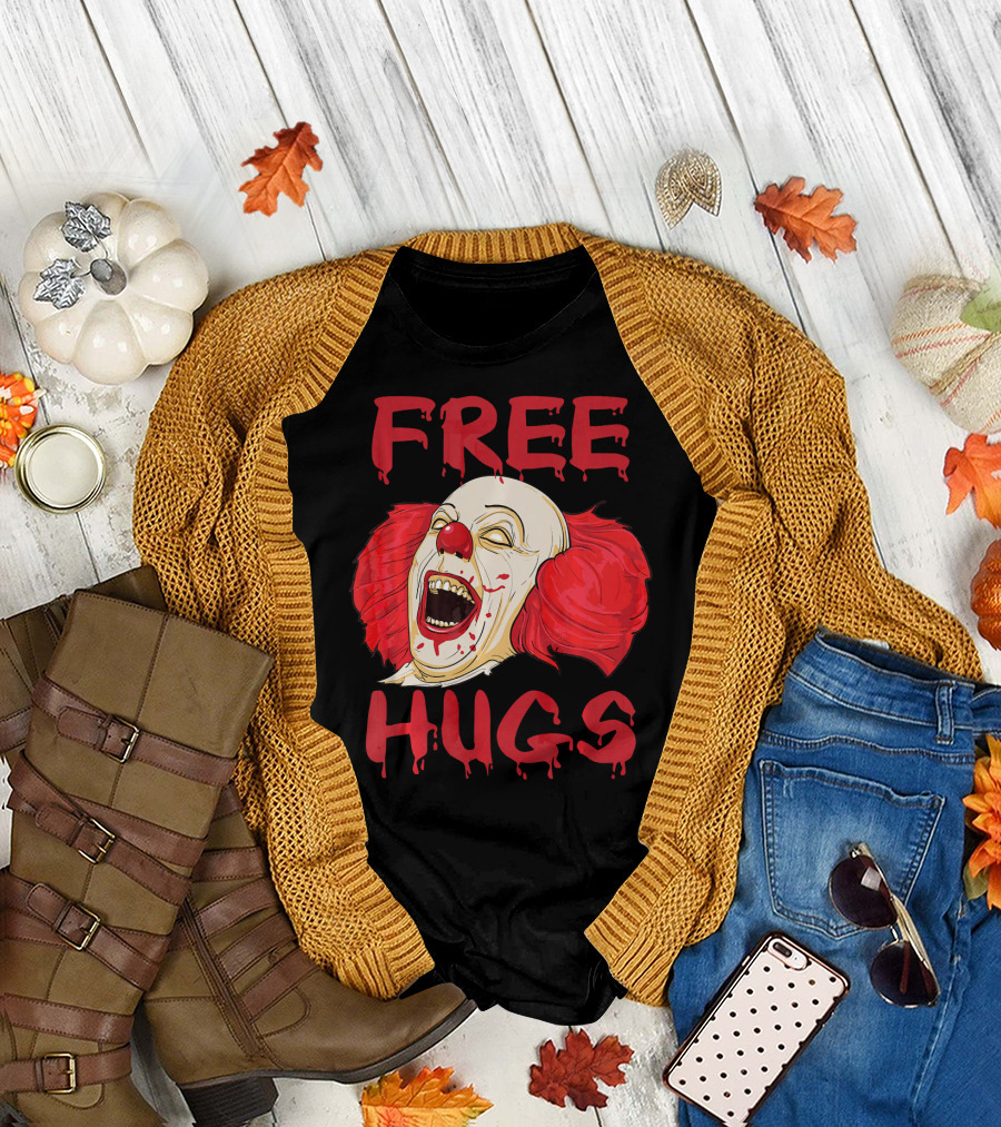 Free Hugs Evil Killer Scary Clown Costume Blood Red Horror T-Shirt