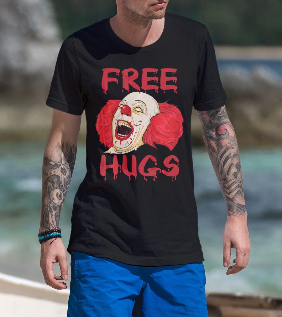 Free Hugs Evil Killer Scary Clown Costume Blood Red Horror T-Shirt