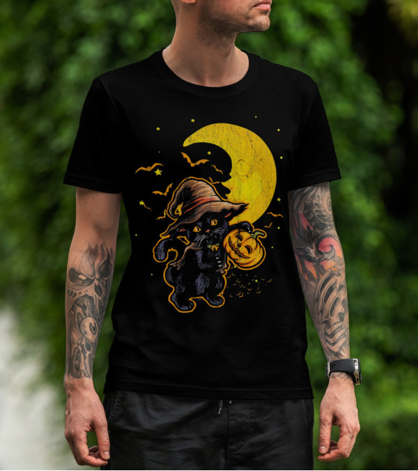 Halloween Black Cat Witch With Pumpkin Under Moon And Bats T-Shirt
