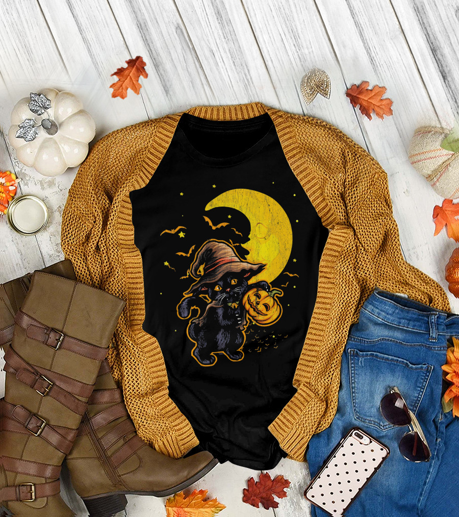 Halloween Black Cat Witch with Pumpkin Under Moon and Bats T-Shirt