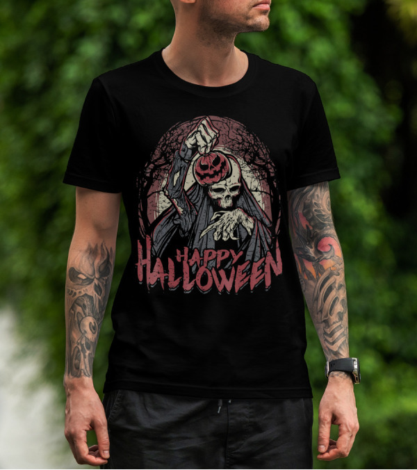 Halloween Scary Zombie Skeleton With Pumpkin Head T-Shirt