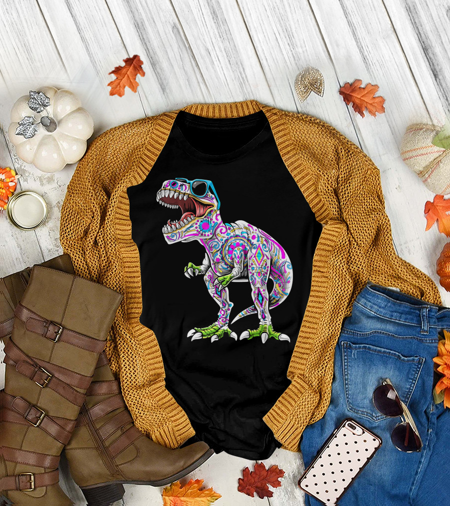 Day of the Dead Dia De los Muertos T-Rex Dinosaur with Sunglasses T-Shirt