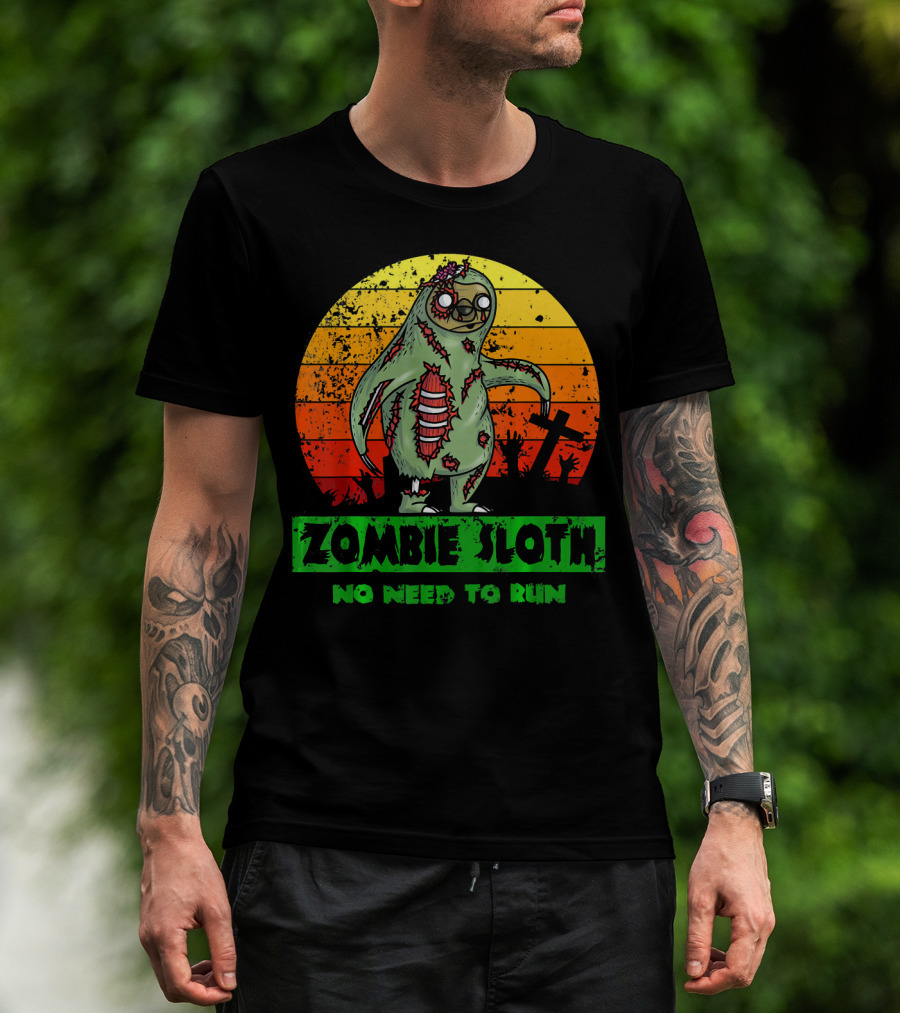 Zombie Sloth No Need To Run Sunset Cemetery Background T-Shirt