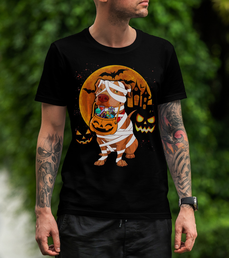 Funny Halloween Mummy Pitbull Boo Dog With Pumpkin Candy And Scary Moon T-Shirt