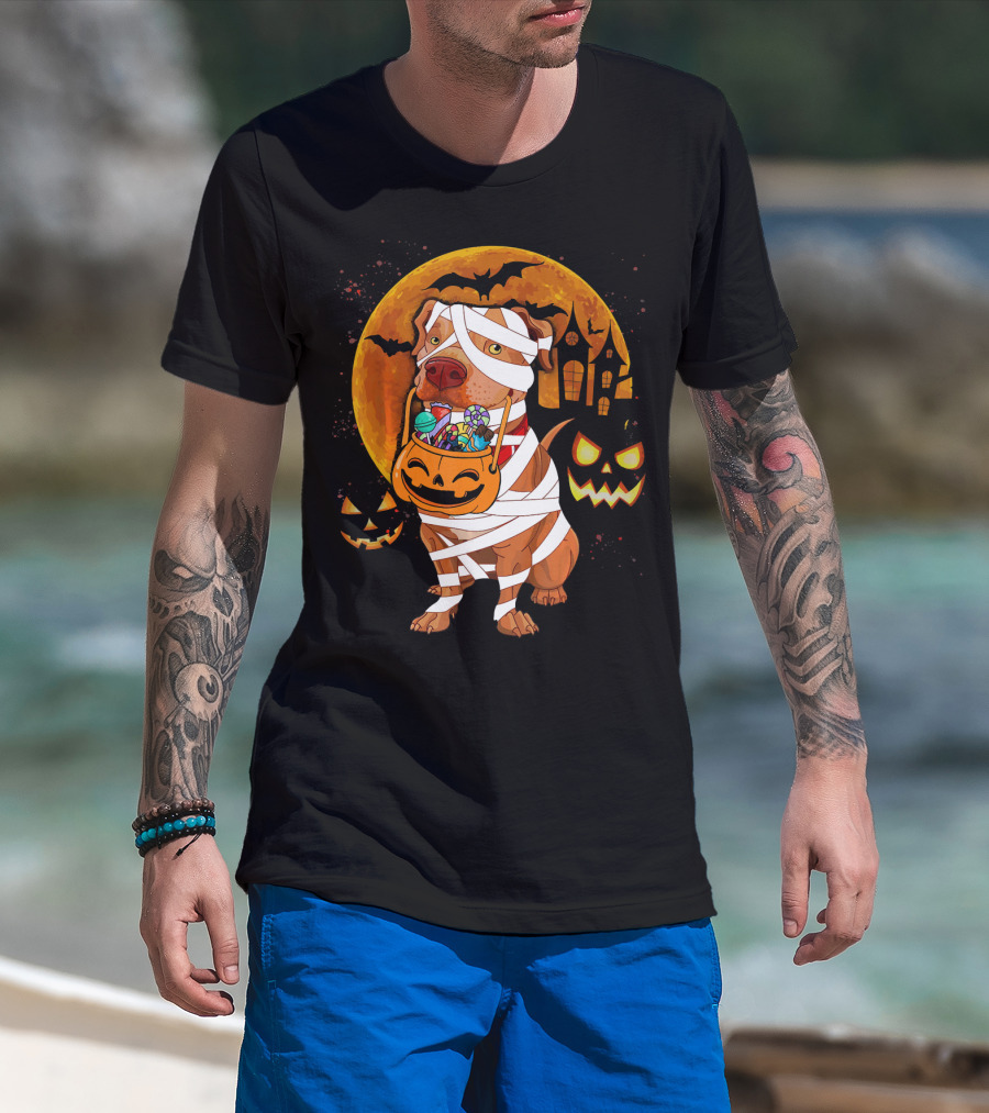 Funny Halloween Mummy Pitbull Boo Dog With Pumpkin Candy And Scary Moon T-Shirt