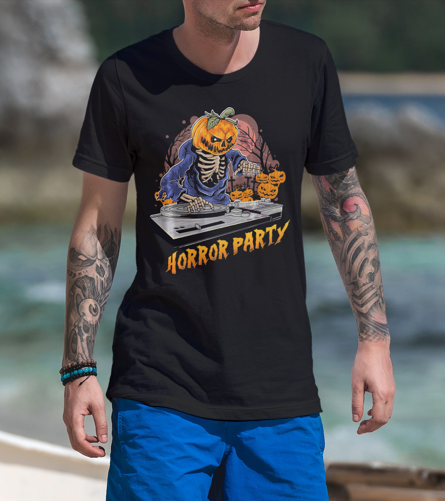 Horror Party Skeleton Pumpkin Head DJ Turntable Halloween Vibes T-Shirt