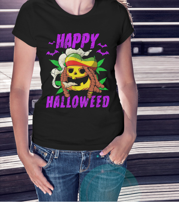 Happy Halloweed Rasta Pumpkin Smoking Weed With Bats And Jamaican Colors T-Shirt