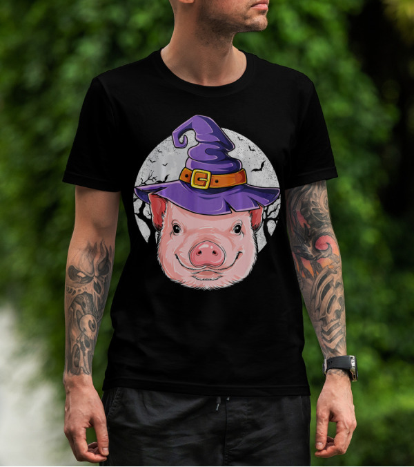 Pig Wearing Purple Witch Hat With Spooky Full Moon And Bats T-Shirt