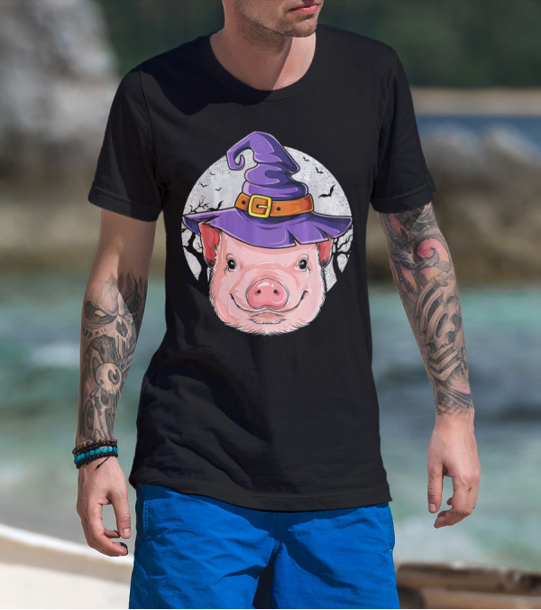 Pig Wearing Purple Witch Hat With Spooky Full Moon And Bats T-Shirt