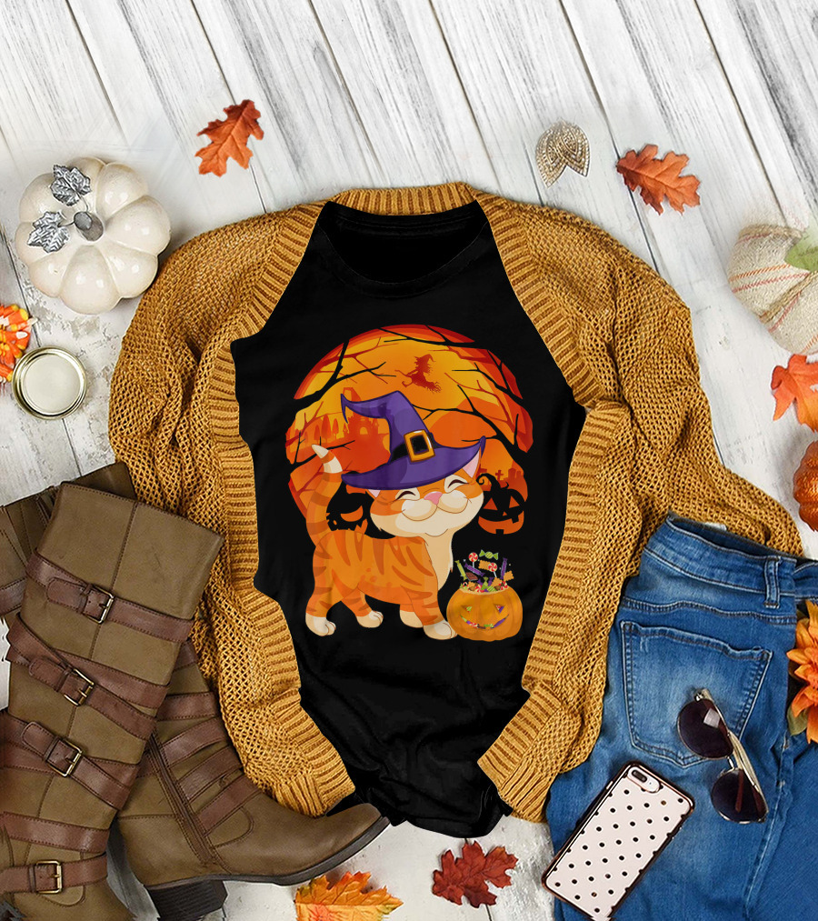 Halloween Costume Cat Witch Hat Happy Pumpkin Moon Scene T-Shirt