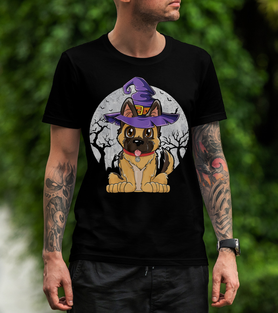 German Shepherd Witch Halloween Moon Background T-Shirt