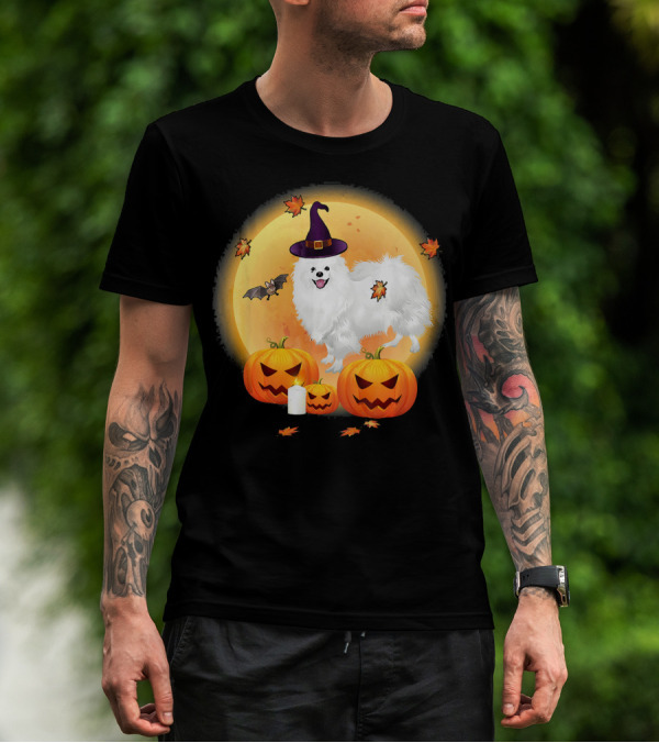 Halloween American Eskimo Dog With Pumpkins And Witch Hat T-Shirt