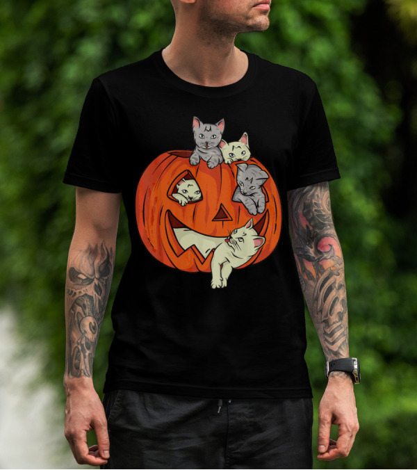 Cats In Jack O Lantern Pumpkin Halloween Scene T-Shirt