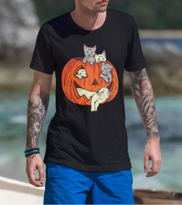 Cats In Jack O Lantern Pumpkin Halloween Scene T-Shirt