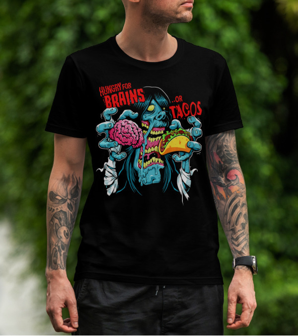 Hungry For Brains Or Tacos Zombie Halloween Costume T-Shirt
