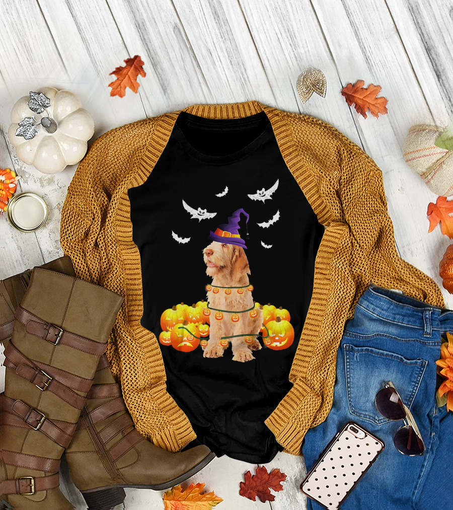 Spinone Italiano Dog Halloween Pumpkin Lights and Bats T-Shirt