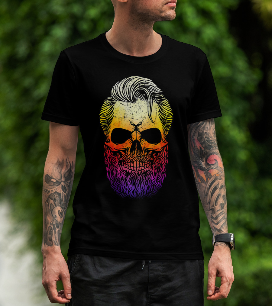 Creepy Bearded Skull With Colorful Gradient For Halloween And Ske T-Shirt