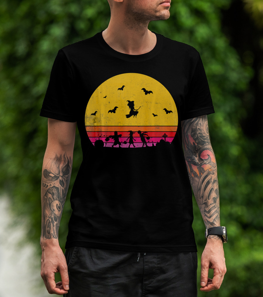 Horror Halloween Sunset Witch Bats Vintage T-Shirt