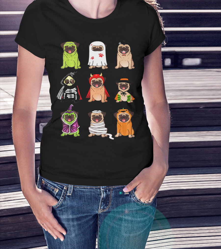 Pug Costume Halloween Funny Pugs Ghosts Skeleton Devil Witch Mummy Pumpkin Dogs T-Shirt