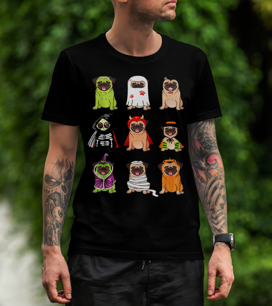 Pug Costume Halloween Funny Pugs Ghosts Skeleton Devil Witch Mummy Pumpkin Dogs T-Shirt