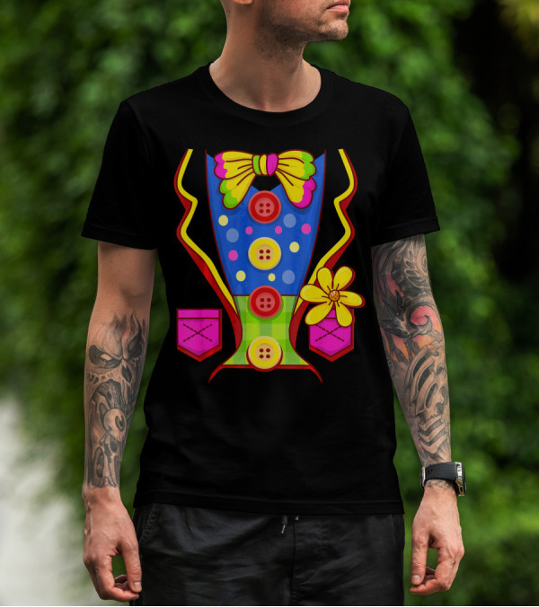 Clown Colorful Bow Tie And Buttons Outfit With Flower Pockets T-Shirt